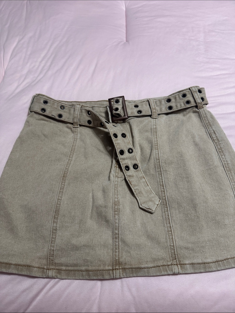 Stonewash Beige Denim Mini Skirt with Grommet Belt
